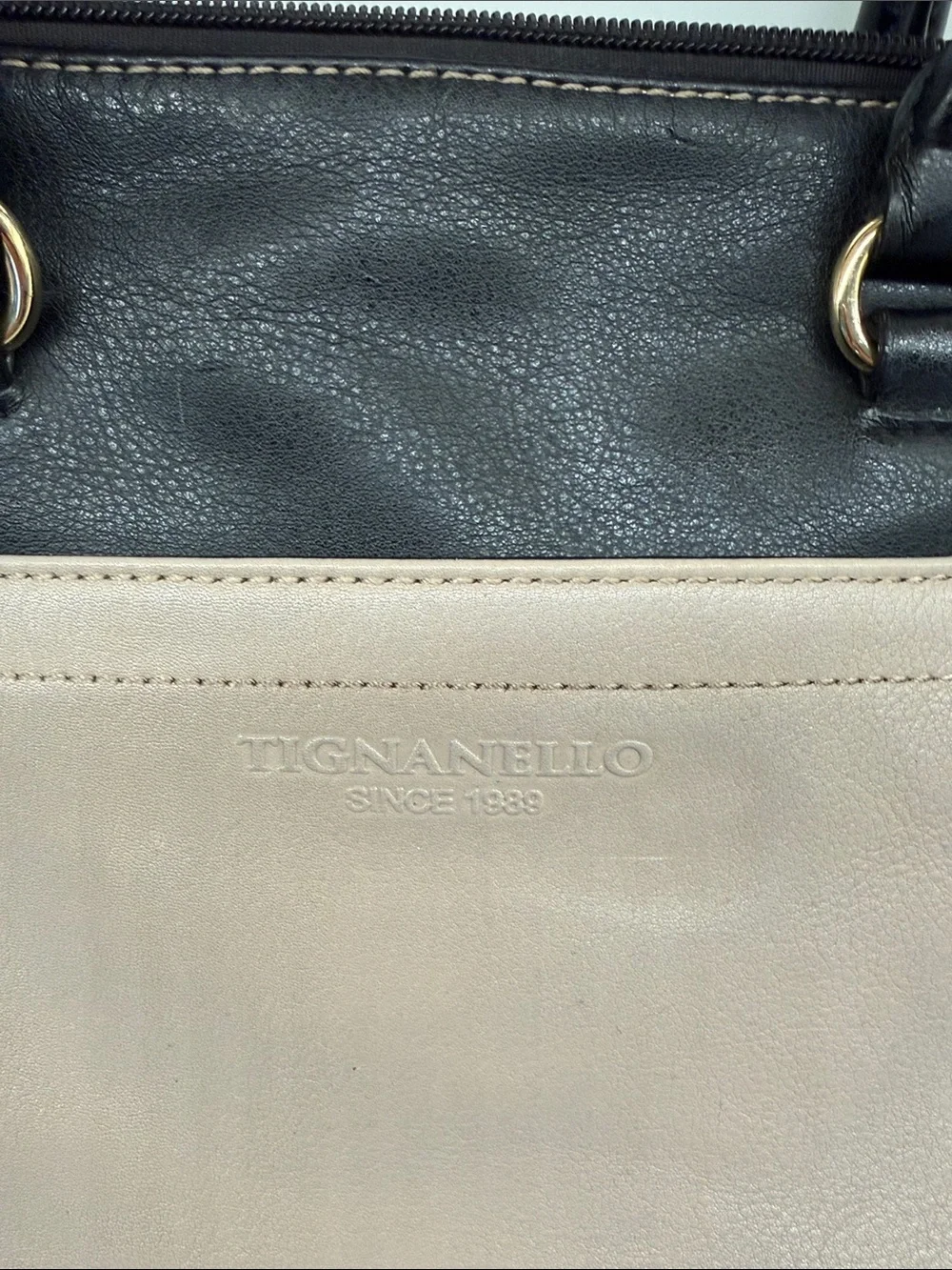 Tignanello Two-Tone Black & Taupe Leather Satchel removable crossbody strap